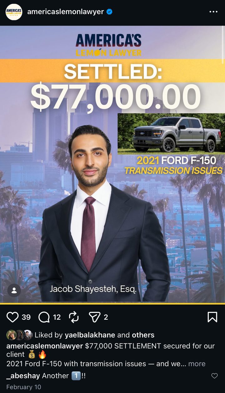 Actual client result: $77,000 Ford F-150 settlement