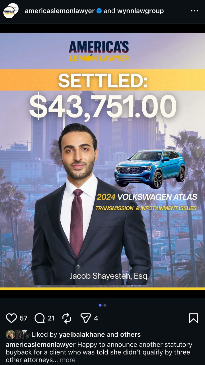 Actual client result: $43,751 VW Atlas settlement
